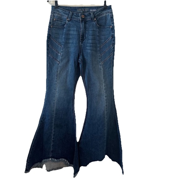 Grace in LA Denim - Grace in LA Blue‎ Womens High Waist Super Flare Leg Blue Denim Jeans 29 X 31.5"